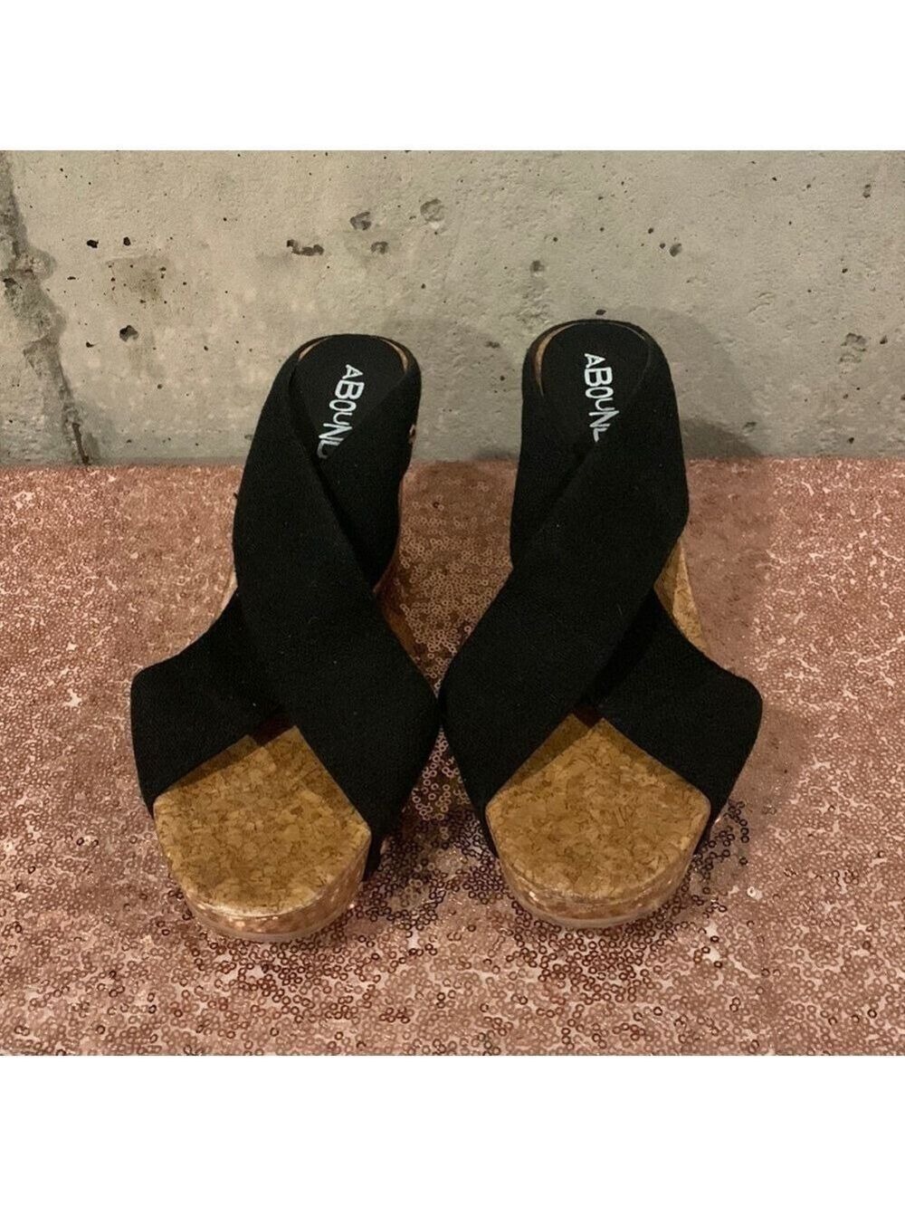 Abound Black Criss Cross Open Toe Slide In Wedge Sandals - Size 7.5